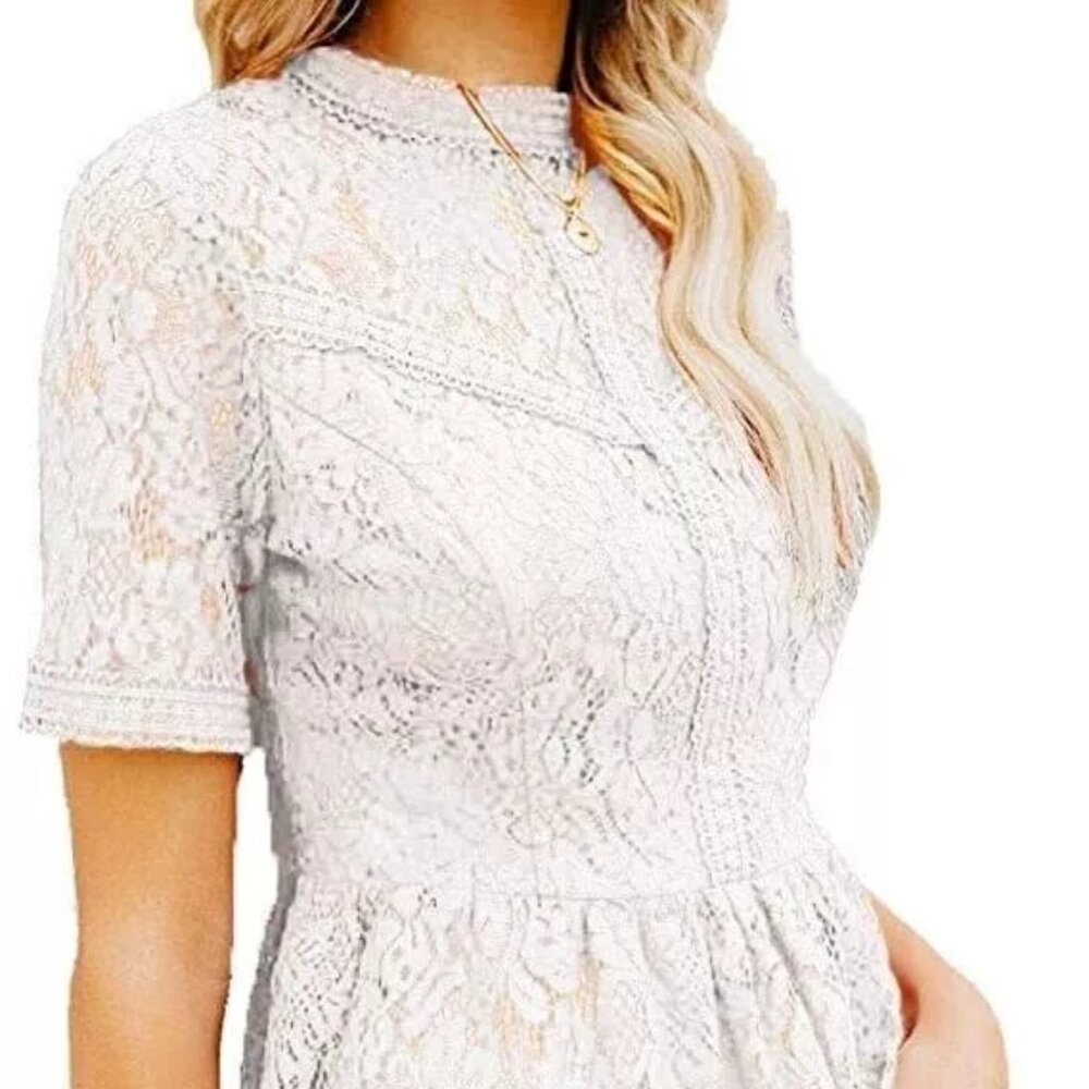 Tobrief Women's Short Sleeve Sexy Sheer Mesh Lace Blouse Peplum Top -White